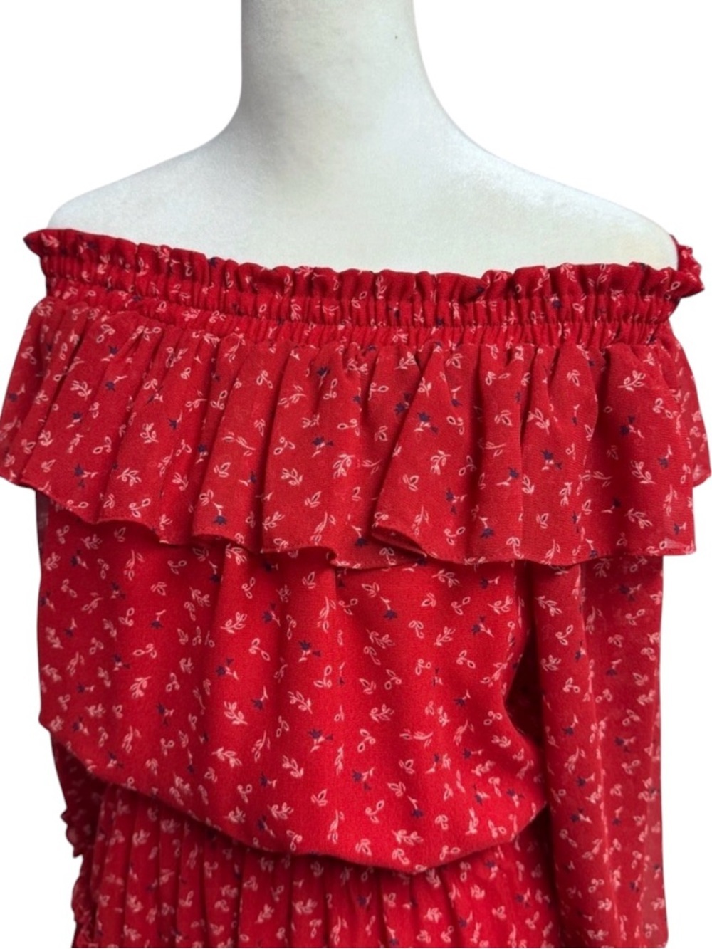 MISA Darla Red Floral Off Shoulder Smocked Ruffle Mini Dress L - Picture 4 of 11